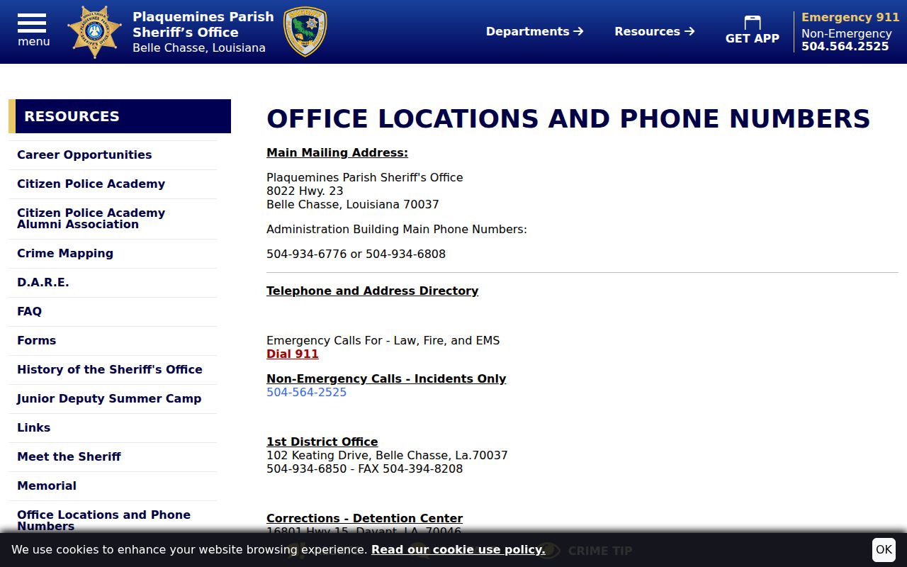 Plaquemines Parish sheriff district office and records directory for warrant questions