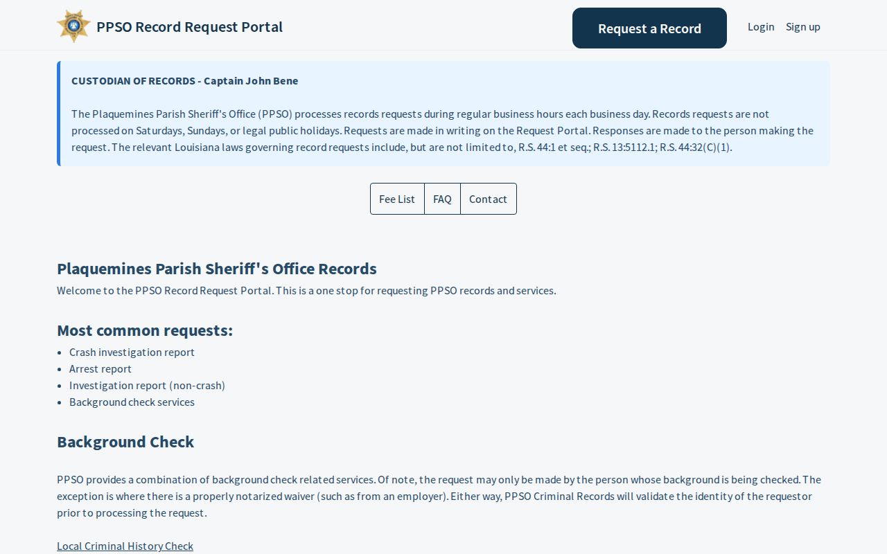 Plaquemines Parish public records ticket portal used for warrant record requests