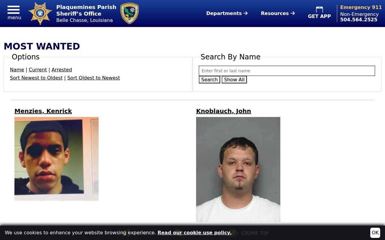 Plaquemines Parish Most Wanted name search and status filter controls