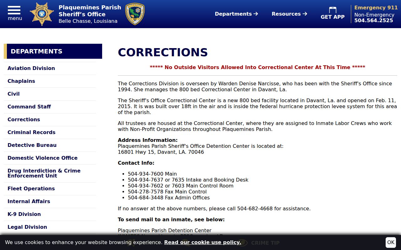 Plaquemines Parish detention center page with the current visitor access notice