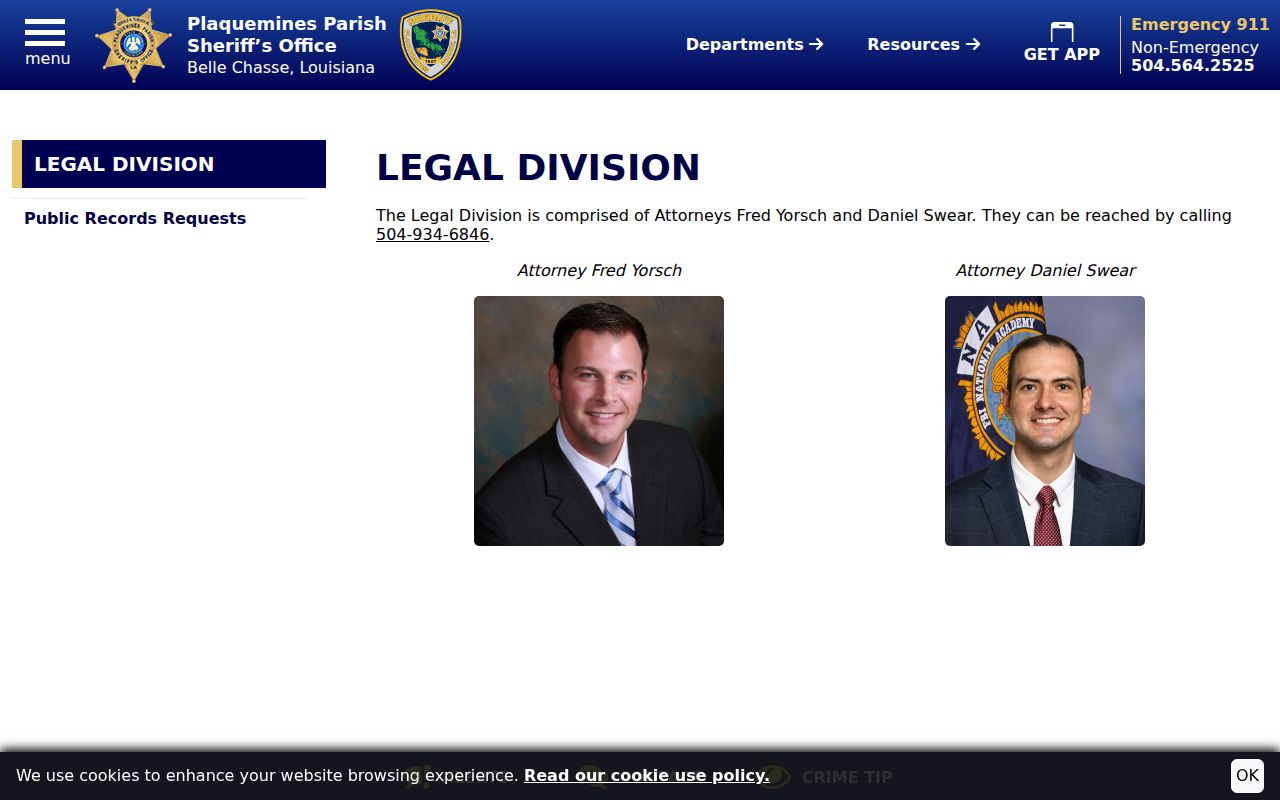 Plaquemines Parish sheriff legal division office information for bench warrant process questions