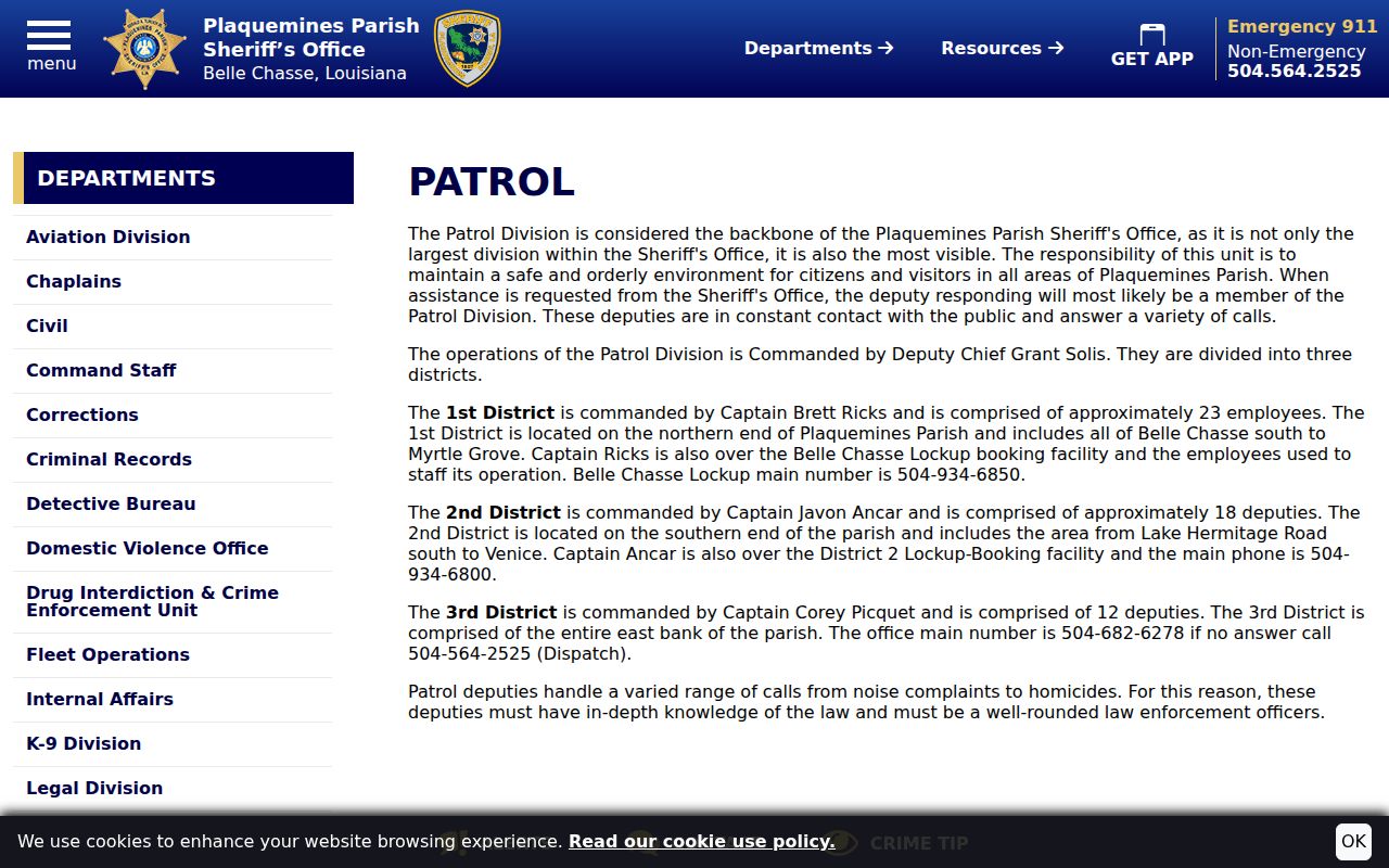 Plaquemines Parish three-district patrol map used for active warrant service questions