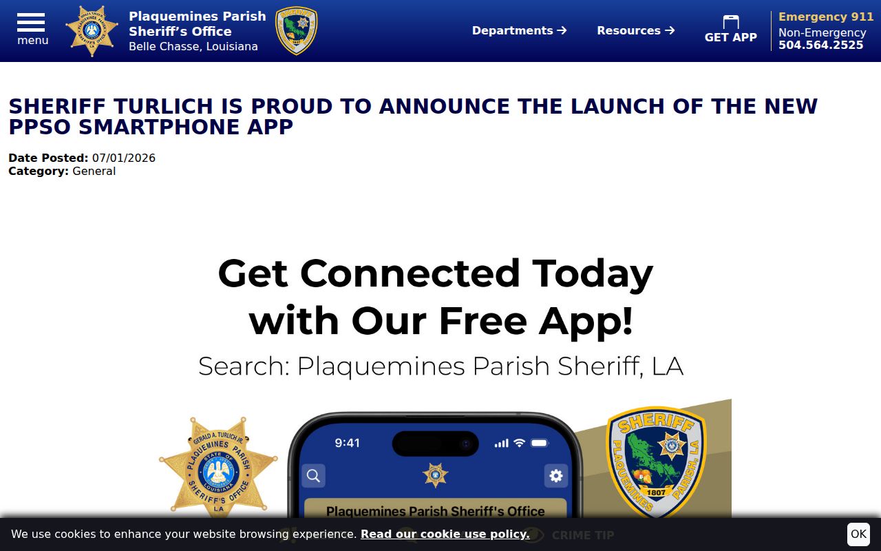 Plaquemines Parish sheriff app announcement that includes the Most Wanted list