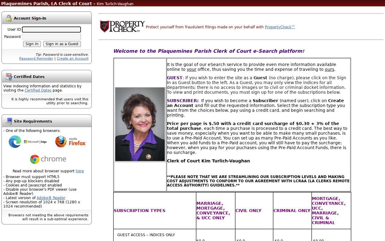 Plaquemines Parish clerk case index login screen used for warrant record checks