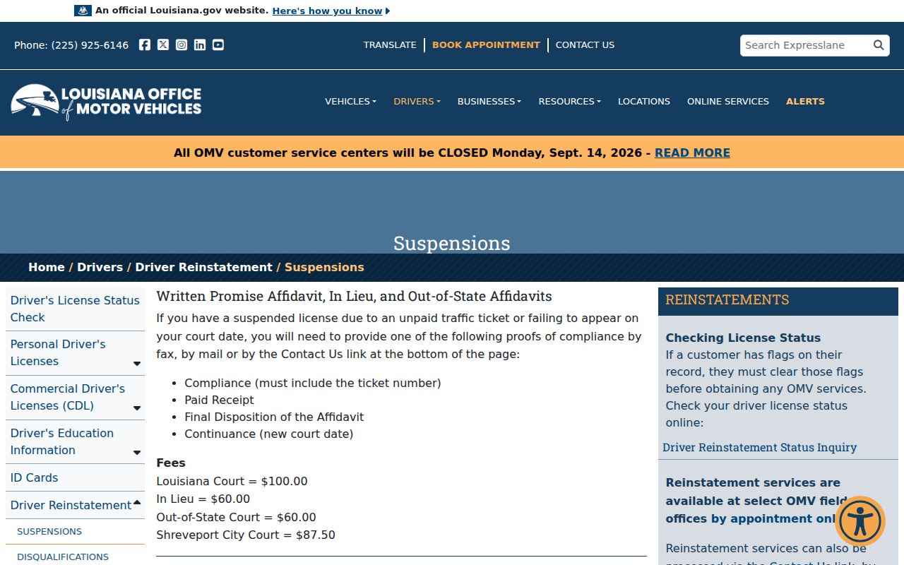 Plaquemines Parish traffic warrant compliance documents listed on the state motor vehicle page