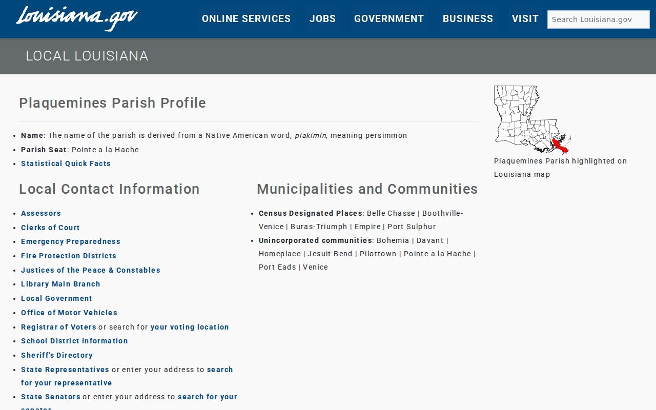 Plaquemines Parish community and seat listing used to route warrant record questions