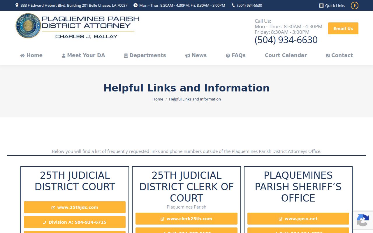 Plaquemines Parish local justice system contact links for ward court warrant questions
