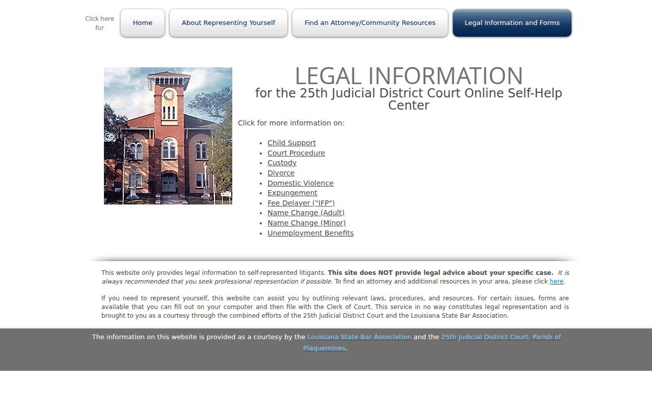 Plaquemines Parish self-help services page for city court warrant questions