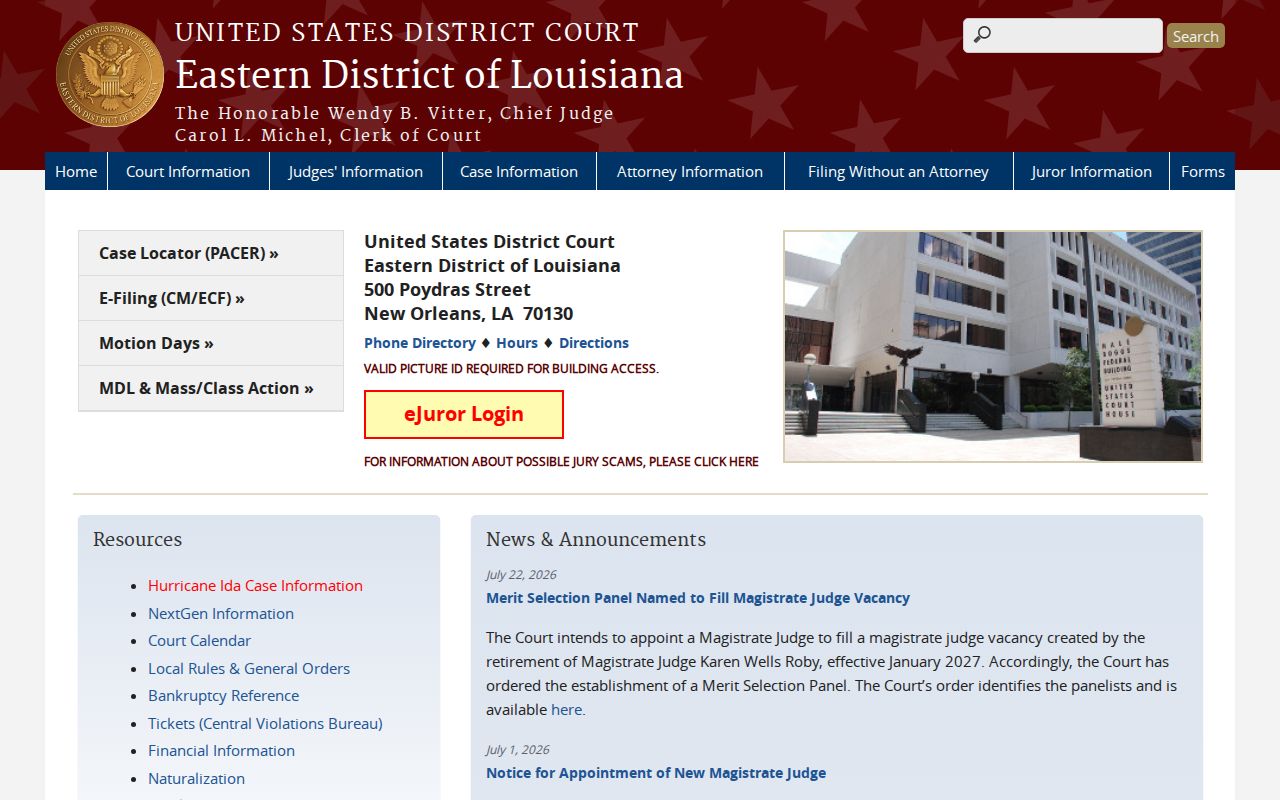 Eastern District of Louisiana courthouse public access and security information