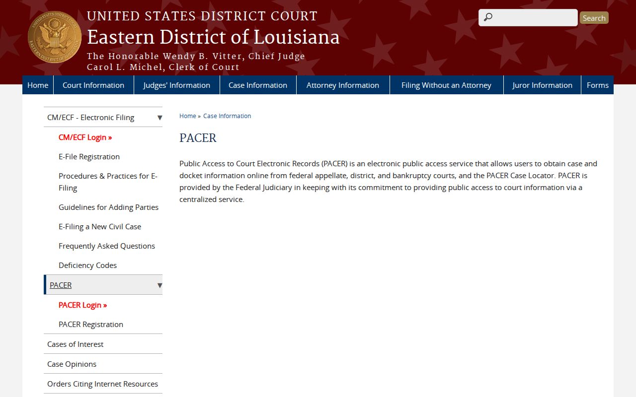Eastern District of Louisiana federal case access instructions for Plaquemines warrant checks