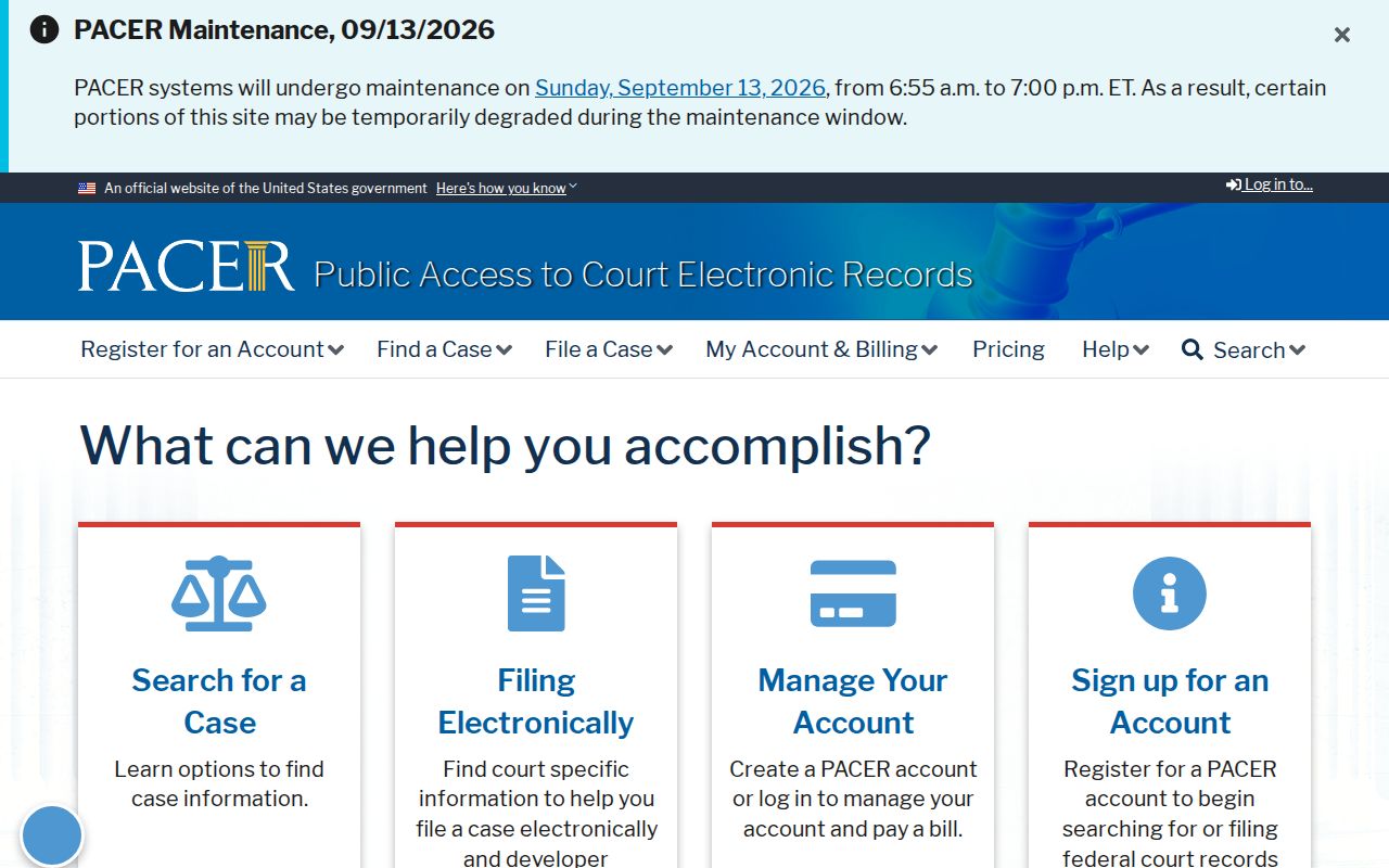 Federal court account and search landing page used for Plaquemines federal warrant checks