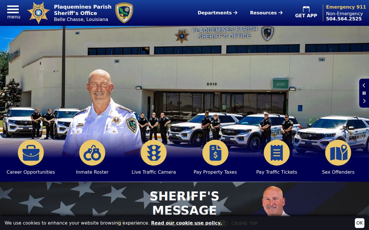 Plaquemines Parish sheriff home page showing the main Belle Chasse address and office hours