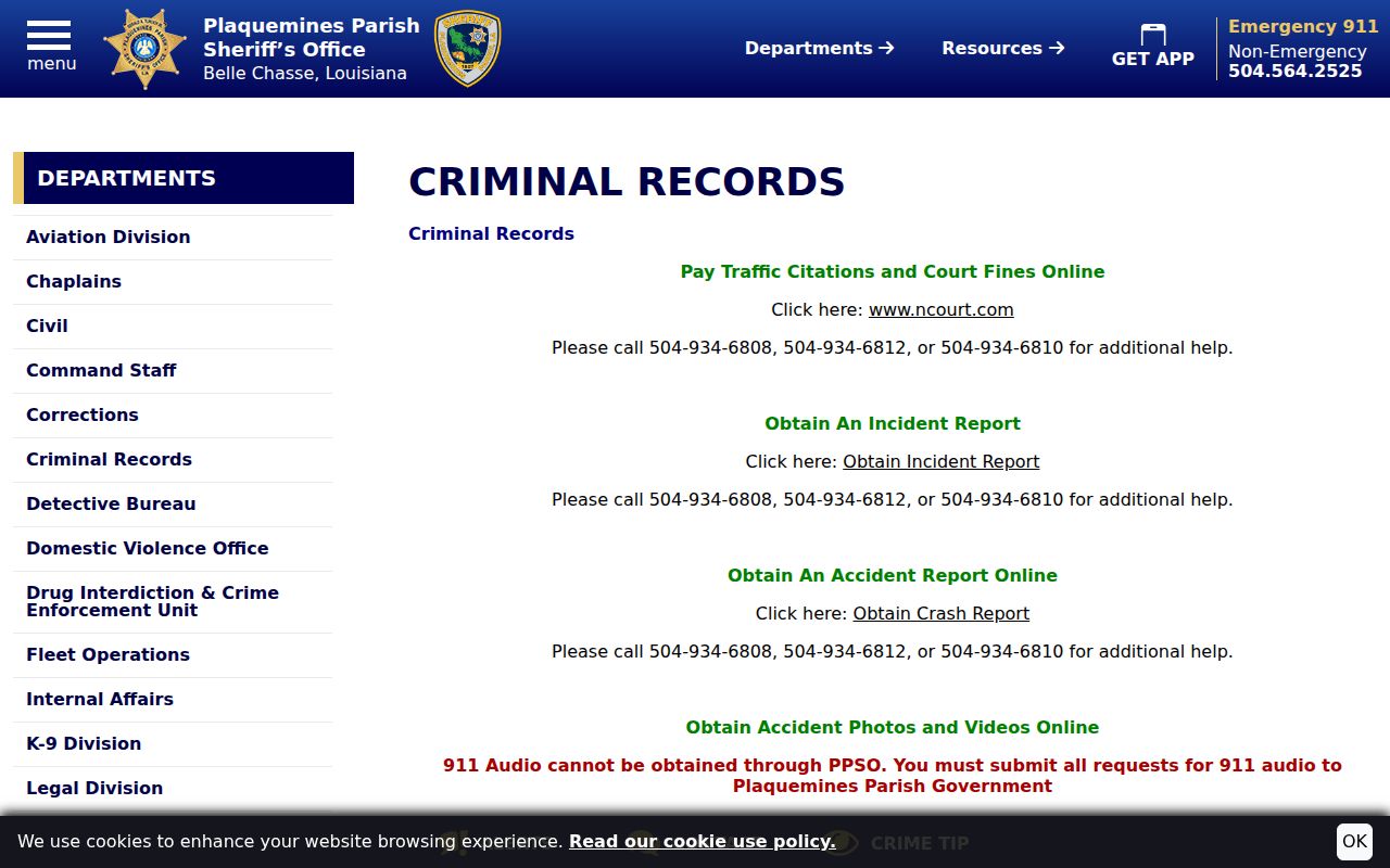 Plaquemines Parish warrant record categories and fees on the sheriff Criminal Records page