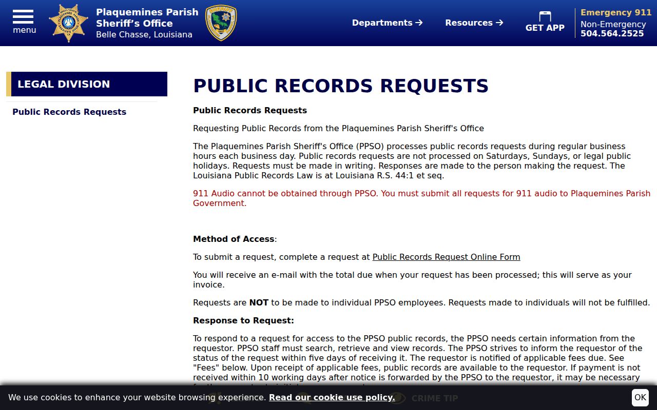 Plaquemines Parish written public records request rules for warrant record copies